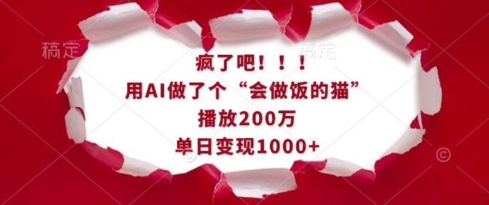 疯了吧！用AI做了个“会做饭的猫”，播放200万，单日变现1k_豪客资源库