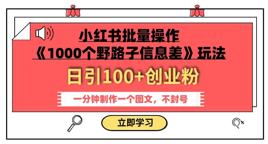 小红书批量操作《1000个野路子信息差》玩法，一分钟制作一个图文，不封号，日引100+创业粉_豪客资源库