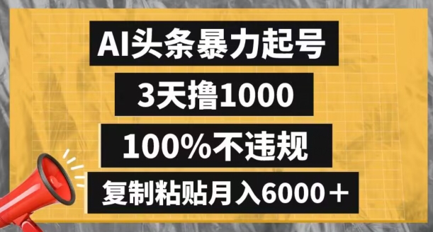 AI头条暴力起号，3天撸1000,100%不违规，复制粘贴月入6000＋【揭秘】_豪客资源库