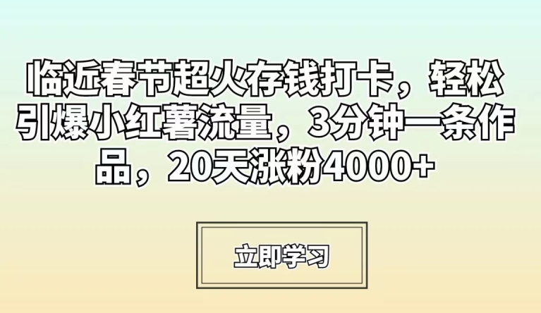 临近春节超火存钱打卡，轻松引爆小红薯流量，3分钟一条作品，20天涨粉4000+【揭秘】_豪客资源库