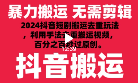 2024最新抖音搬运技术，抖音短剧视频去重，手法搬运，利用工具去重，达到秒过原创的效果【揭秘】_豪客资源库