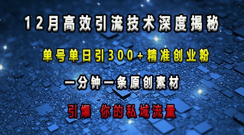 最新高效引流技术深度揭秘 ，单号单日引300+精准创业粉，一分钟一条原创素材，引爆你的私域流量_豪客资源库