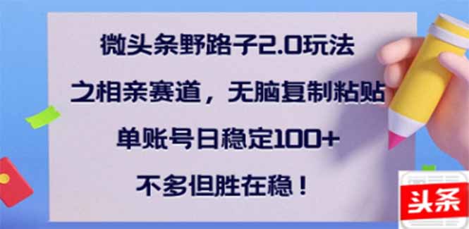 （14334期）微头条野路子2.0玩法之相亲赛道，无脑搬砖复制粘贴，单账号日稳定300+…_豪客资源创业项目网-豪客资源_豪客资源库