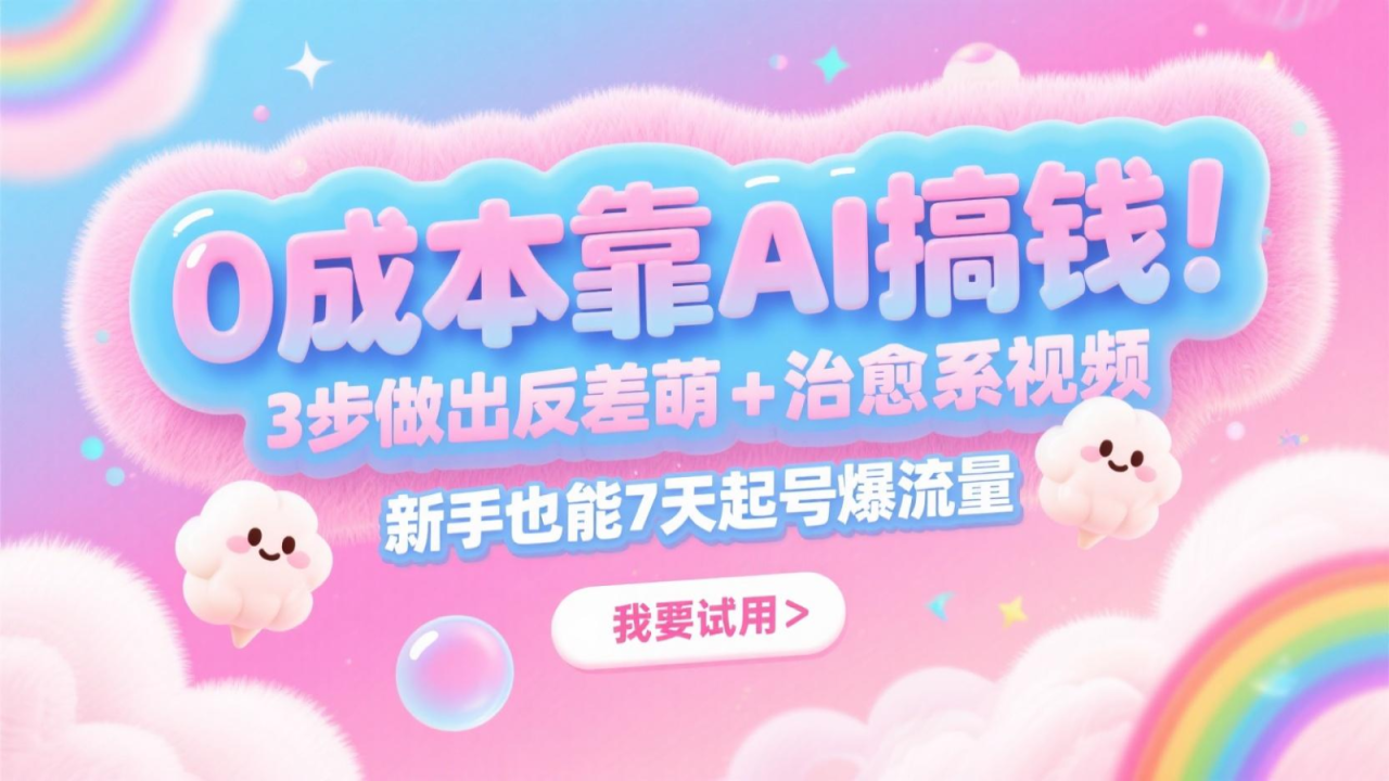 0成本靠AI搞钱！3步做出反差萌+治愈系视频，新手也能7天起号爆流量，月入5位数_豪客资源创业网-豪客资源_豪客资源库