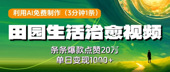 利用AI免费制作田园生活治愈视频，条条爆款点赞20W，单日变现几张——豪客资源创业项目网-豪客资源_豪客资源库