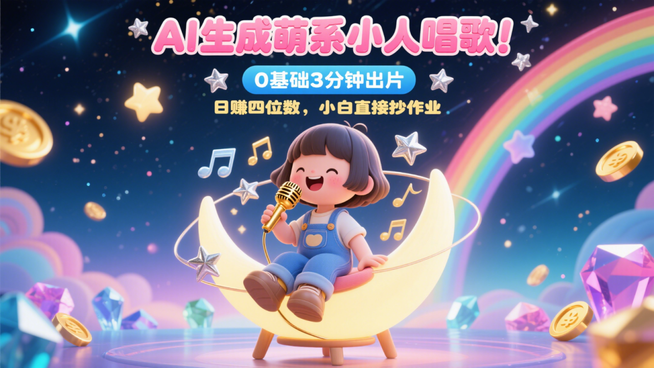 AI生成萌系小人唱歌！0基础3分钟出片，28个作品涨粉9万，日赚四位数，小白直接抄作业_豪客资源创业网-豪客资源_豪客资源库