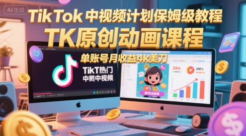 TikTok中视频计划保姆级教程，TK原创动画课程，单账号月收益4k美刀——豪客资源创业项目网-豪客资源_豪客资源库