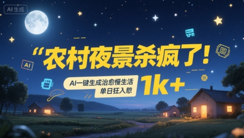 农村夜景杀疯了！AI一键生成治愈系慢生活，单日狂入1k+——豪客资源创业项目网-豪客资源_豪客资源库