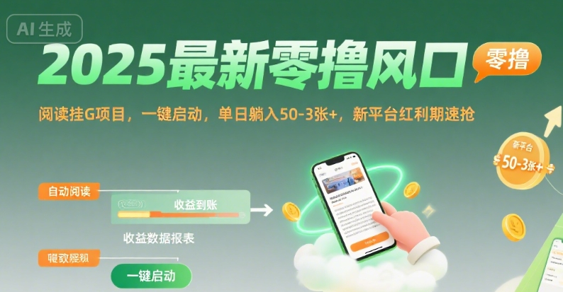 2025最新零撸风口,阅读挂G项目,一键启动,单日躺入 50-3张+,新平台红利期速抢【揭秘】——豪客资源创业项目网-豪客资源_豪客资源库