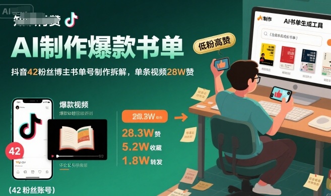 图片[1]-AI制作爆款书单，抖音42粉丝博主书单号制作拆解，单条视频28W赞——豪客资源创业项目网-豪客资源