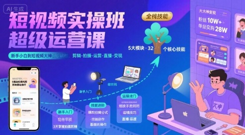 短视频实操班超级运营课，新手小白到短视频大神必修课程，剪辑-拍摄-运营-直播-变现——豪客资源创业项目网-豪客资源_豪客资源库