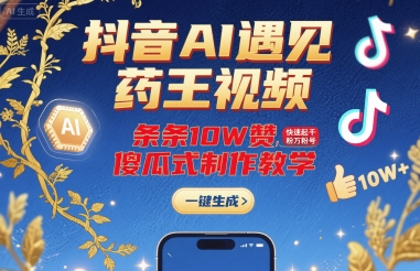 抖音AI遇见药王视频,条条10W赞,快速起千粉万粉号,傻瓜式制作教学——豪客资源创业项目网-豪客资源_豪客资源库