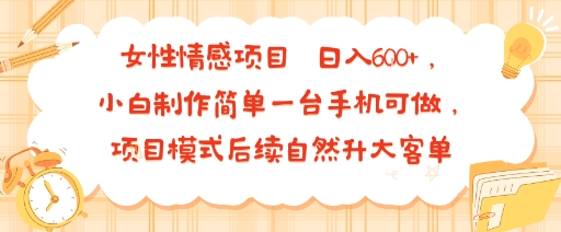 女性情感项目 小白制作简单一台手机可做 项目模式后续自然升大客单 日入6张——豪客资源创业项目网-豪客资源_豪客资源库