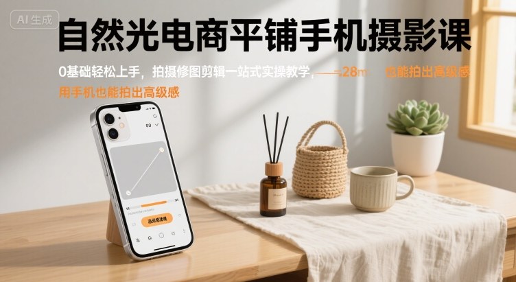 自然光电商平铺手机摄影课，0基础轻松上手，拍摄修图剪辑一站式实操教学，用手机也能拍出高级感——豪客资源创业项目网-豪客资源_豪客资源库
