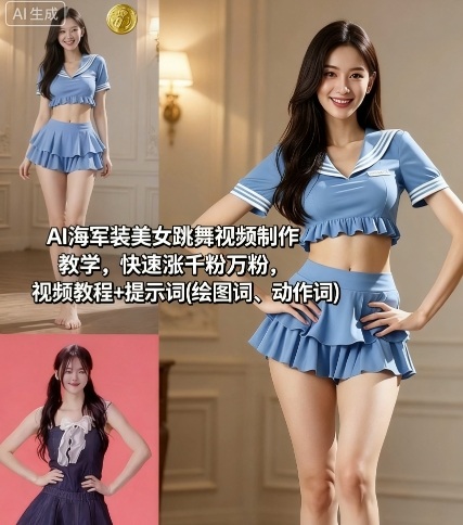 AI海军装美女跳舞视频制作教学，快速涨千粉万粉，视频教程+提示词(绘图词、动作词)——豪客资源创业项目网-豪客资源_豪客资源库
