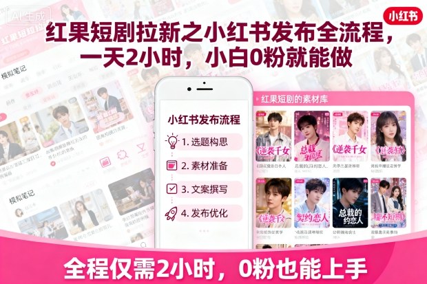 红果短剧拉新之小红书发布全流程，一天2小时，小白0粉就能做——豪客资源创业项目网-豪客资源_豪客资源库