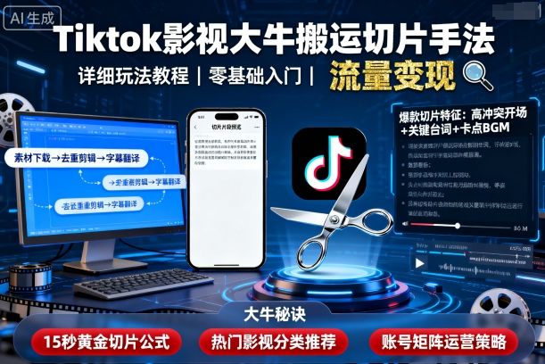 Tiktok影视大牛搬运切片手法，详细玩法教程——豪客资源创业项目网-豪客资源_豪客资源库