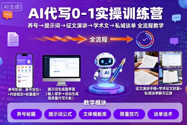 AI代写0-1实操训练营,从养号、提示词、征文演讲、学术文,到私域谈单的全流程教学——豪客资源创业项目网-豪客资源_豪客资源库