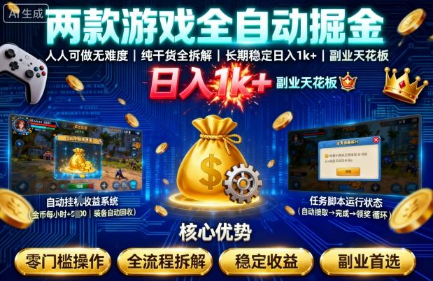 两款游戏全自动掘金，人人可做无难度，纯干货全拆解，长期稳定，日入1k+，副业天花板【揭秘】——豪客资源创业项目网-豪客资源_豪客资源库
