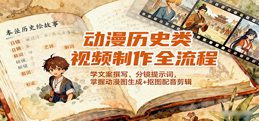 图片[1]-动漫历史类视频制作全流程，学文案撰写、分镜提示词，掌握动漫图生成+抠图配音剪辑_豪客资源创业网-豪客资源