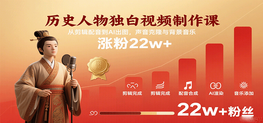 图片[1]-历史人物独白视频制作课，从剪辑配音到AI出图，声音克隆与背景音乐，涨粉22w+_豪客资源创业网-豪客资源