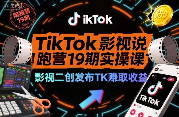 TikTok影视解说陪跑营19期实操课，影视二创发布TK賺取收益，万播收益50美金——豪客资源创业项目网-豪客资源_豪客资源库