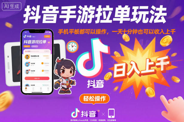 抖音手游拉单玩法，手机平板都可以操作，一天十分钟也可以收入上K【揭秘】——豪客资源创业项目网-豪客资源_豪客资源库