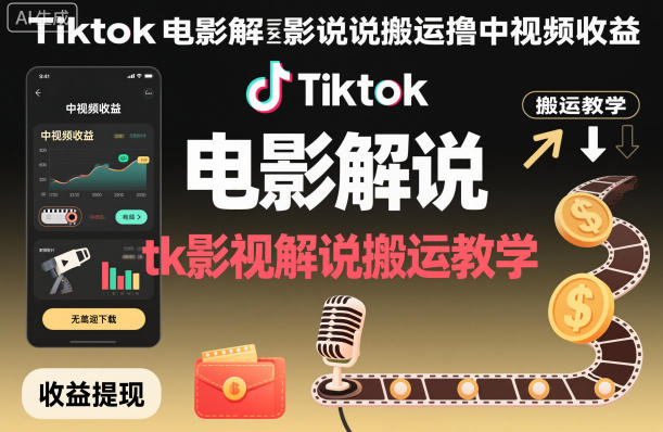 Tiktok电影解说搬运撸中视频收益,tk影视解说搬运教学——豪客资源创业项目网-豪客资源_豪客资源库