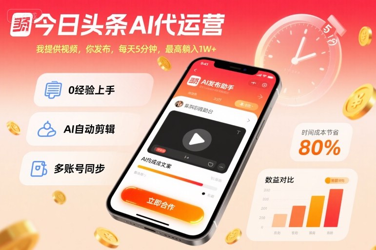 今日头条AI代运营，我提供视频，你发布，每天5分钟，最高躺入1W+【揭秘】——豪客资源创业项目网-豪客资源_豪客资源库