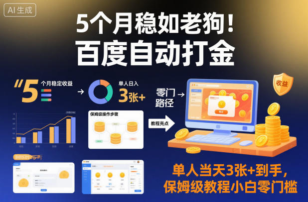 5个月稳如老狗！百度自动打金，单人当天3张+到手，保姆级教程小白零门槛【揭秘】——豪客资源创业项目网-豪客资源_豪客资源库