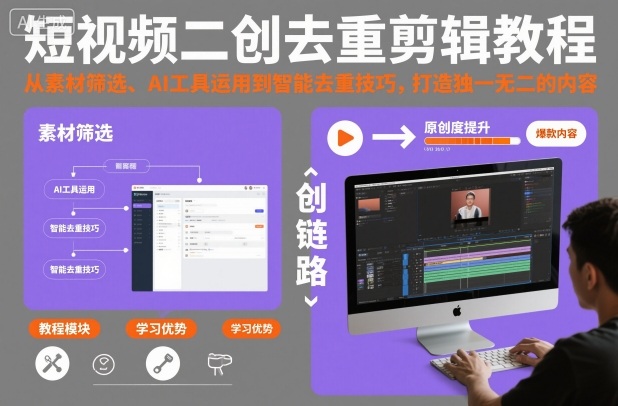 短视频二创去重剪辑教程，从素材筛选、AI工具运用到智能去重技巧，打造独一无二的内容——豪客资源创业项目网-豪客资源_豪客资源库