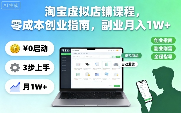 淘宝虚拟店铺课程，零成本创业指南，副业月入1W+——豪客资源创业项目网-豪客资源_豪客资源库