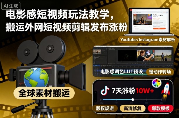 电影感短视频玩法教学,搬运外网短视频剪辑发布涨粉——豪客资源创业项目网-豪客资源_豪客资源库