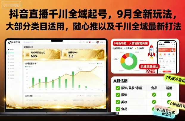 抖音直播千川全域起号，9月全新玩法，大部分类目适用，随心推以及千川全域最新打法——豪客资源创业项目网-豪客资源_豪客资源库