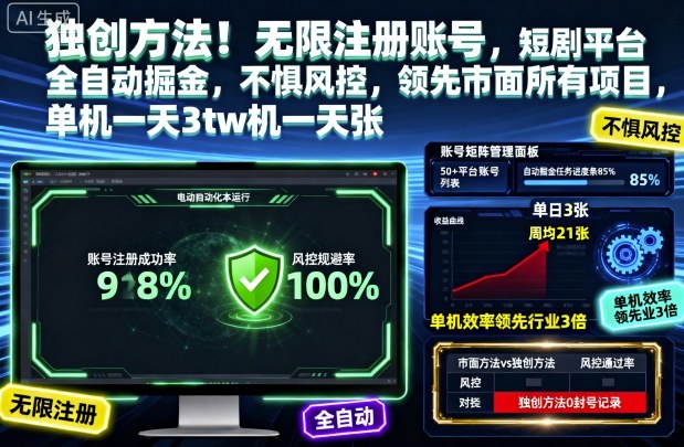 独创方法！无限注册账号，短剧平台全自动掘金，不惧风控，领先市面所有项目，单机一天3张【揭秘】——豪客资源创业项目网-豪客资源_豪客资源库