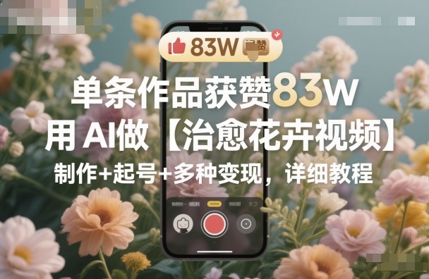单条作品获赞83W，用AI做【治愈花卉视频】，制作+起号+多种变现，详细教程——豪客资源创业项目网-豪客资源_豪客资源库