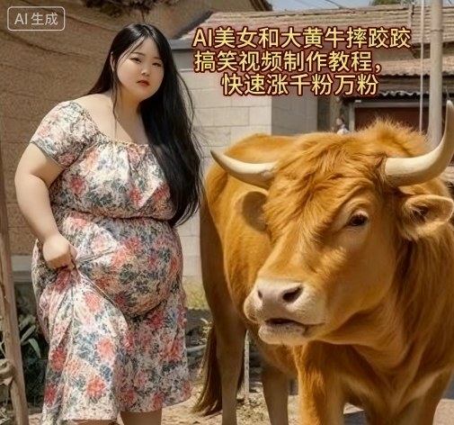 AI美女和大黄牛摔跤搞笑荒诞视频制作教程，快速涨千粉万粉——豪客资源创业项目网-豪客资源_豪客资源库