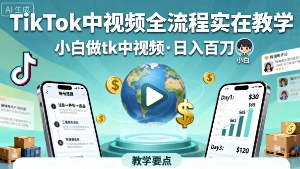 TikTok中视频全流程实操教学，小白做tk中视频，日入百刀——豪客资源创业项目网-豪客资源_豪客资源库