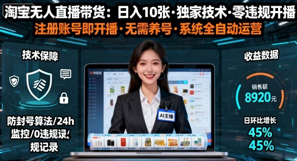 【最新】淘宝无人直播带货，日入10张，独家技术，无违规无封号，注册账号直接开播，不用养号【揭秘】——豪客资源创业项目网-豪客资源_豪客资源库