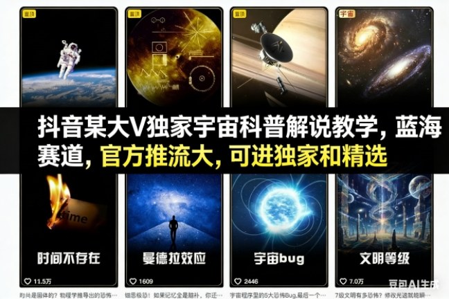抖音某大V独家宇宙科普解说教学,蓝海赛道,官方推流大,可进独家和精选——豪客资源创业项目网-豪客资源_豪客资源库
