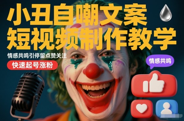 小丑自嘲文案短视频制作教学，情感共鸣引停留点赞关注，快速起号涨粉——豪客资源创业项目网-豪客资源_豪客资源库