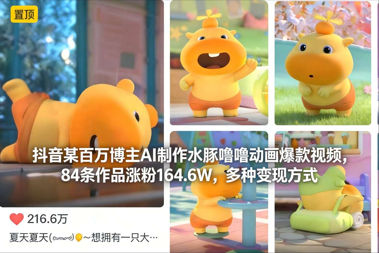 抖音某百万博主AI制作水豚噜噜动画爆款视频,84条作品涨粉164.6W,多种变现方式——豪客资源创业项目网-豪客资源_豪客资源库
