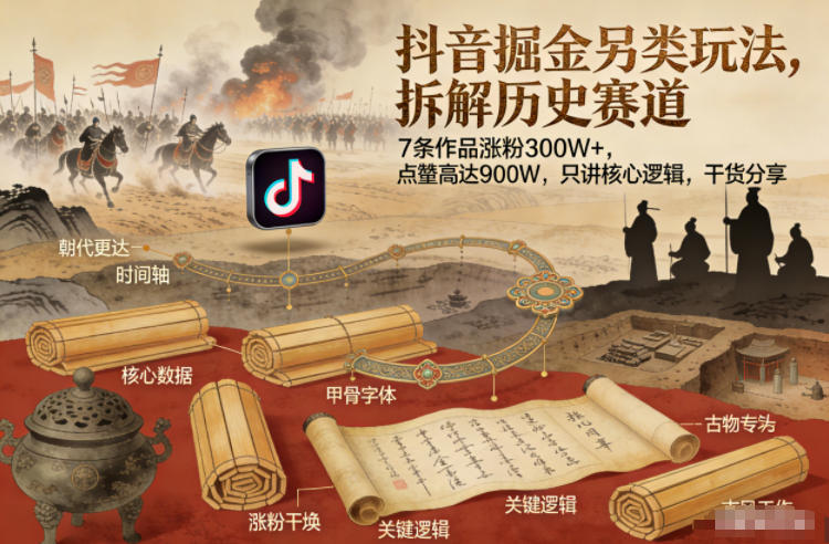 抖音掘金另类玩法,拆解历史赛道,7条作品涨粉300W+,点赞量高达900W,只讲核心逻辑,干货分享——豪客资源创业项目网-豪客资源_豪客资源库