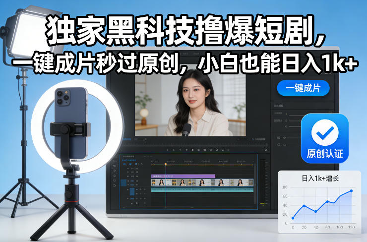 独家黑科技撸爆短剧,一键成片秒过原创,小白也能日入1k+【揭秘】——豪客资源创业项目网-豪客资源_豪客资源库