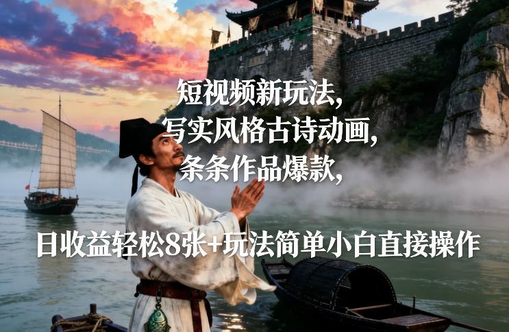 短视频新玩法，写实风格古诗动画，条条作品爆款，日收益轻松8张+玩法简单小白直接操作——豪客资源创业项目网-豪客资源_豪客资源库