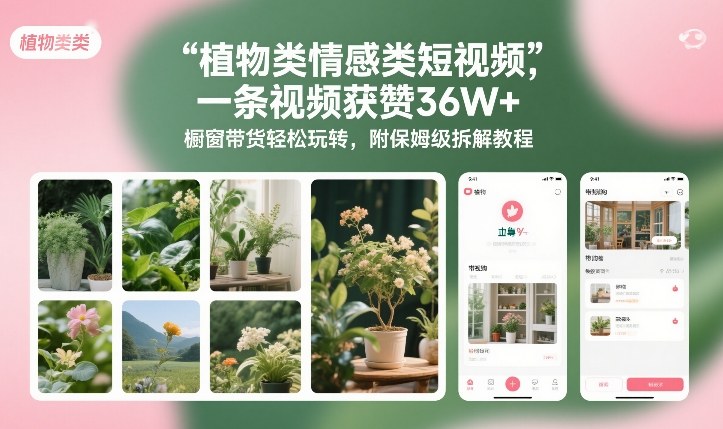 植物类情感类短视频,一条视频获赞36W+,橱窗带货轻松玩转,附保姆级拆解教程——豪客资源创业项目网-豪客资源_豪客资源库