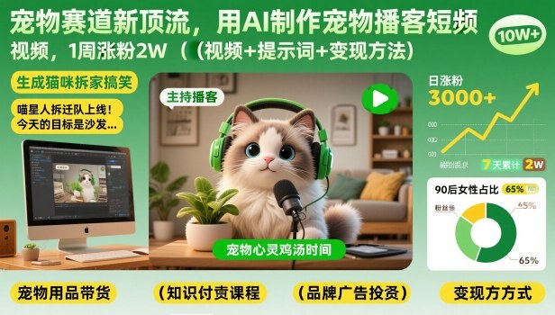 宠物赛道新顶流,用AI制作宠物播客短视频,1周涨粉2W(视频+提示词+变现方法)——豪客资源创业项目网-豪客资源_豪客资源库