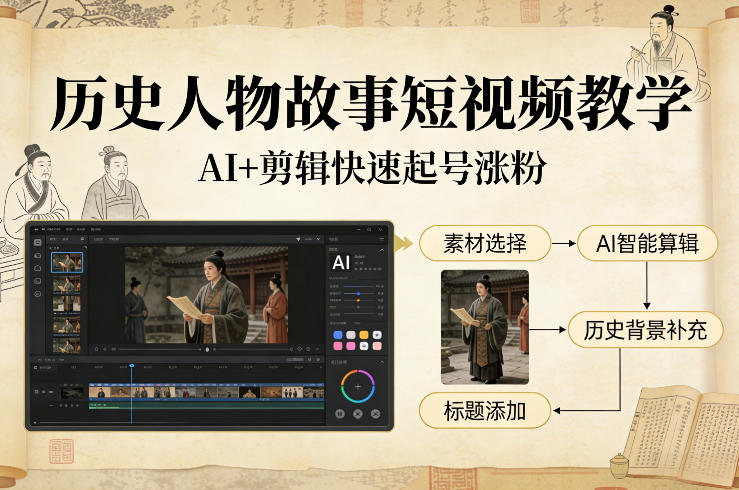 历史人物故事短视频教学,AI+剪辑制作历史人物题材短视频,快速起号涨粉——豪客资源创业项目网-豪客资源_豪客资源库