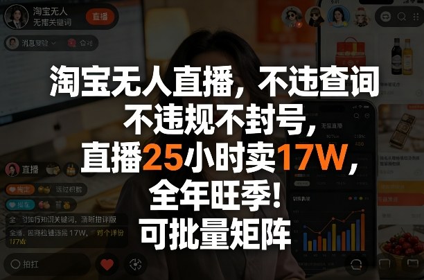 淘宝无人直播,不违规不封号,直播25小时卖17W,全年旺季!可批量矩阵【揭秘】——豪客资源创业项目网-豪客资源_豪客资源库