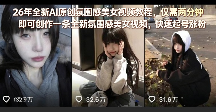 26年全新AI原创氛围感美女视频教程，仅需两分钟即可创作一条全新氛围感美女视频，快速起号涨粉——豪客资源创业项目网-豪客资源_豪客资源库